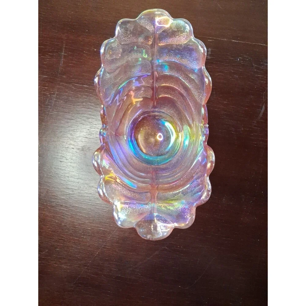 L E SMITH - Pink Iridescent - Carnival Glass - Leaf/Shell Vase - MCM vintage VGC
